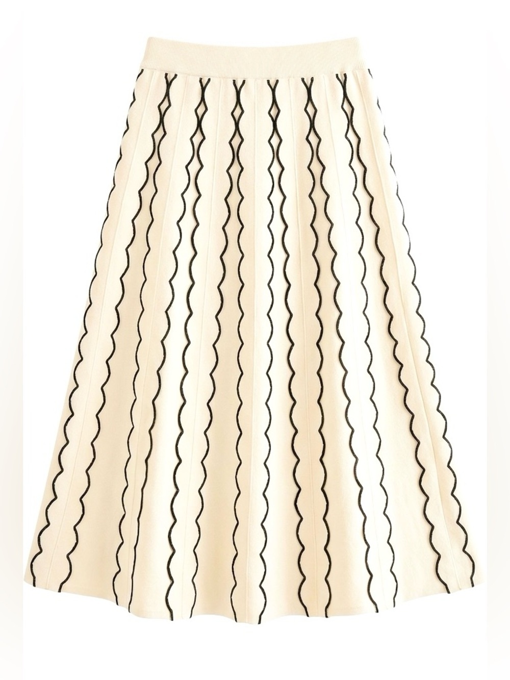 Cream Knit Two Piece Set Scalloped Halter Crop Top Wavy Stripe Midi Skirt Size M - Picture 3 of 11